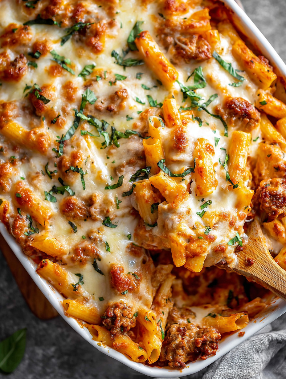 Ein Baked Ziti mit viel Zwiebel und Käse.