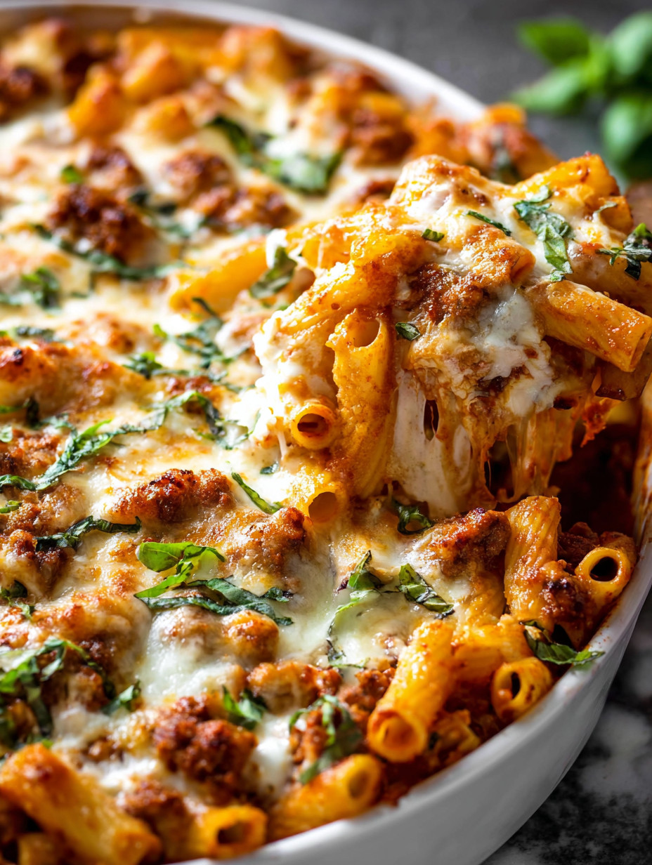 Ein Baked Ziti mit Pasta, Ziti und Zwiebeln.