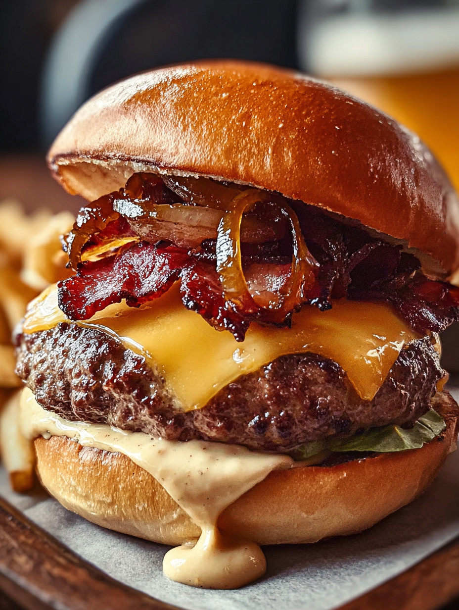 Ein großes Hamburger mit Bacon, Onion und Käse auf einem Baguette.