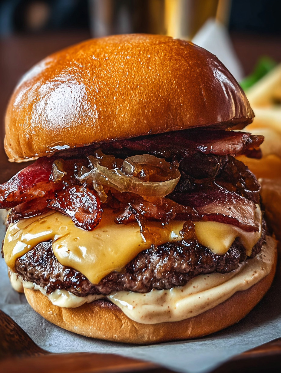 Ein großes, dickes Hamburger mit Bacon, Käse und Zwiebeln auf einem Baguette.