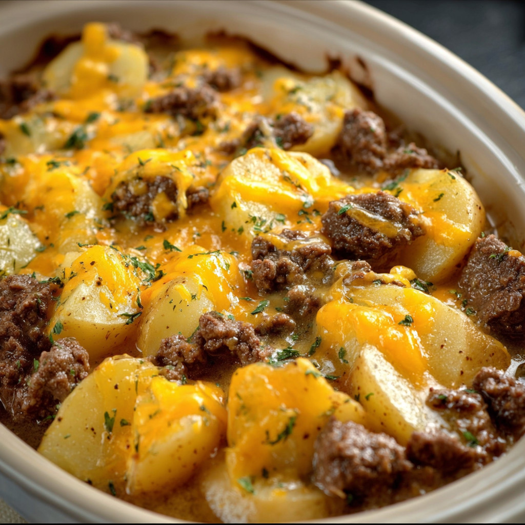 Ein Käse- und Kartoffelkasserole, das in einem weißen Behälter serviert wird.