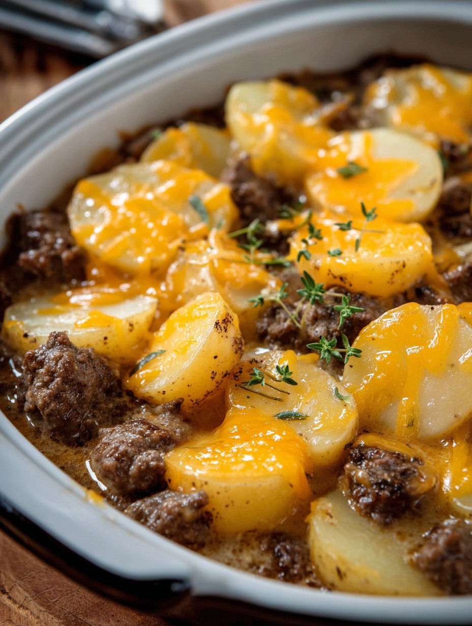 Ein Schüssel mit einem Old-Fashioned Amish Beef &amp; Potato Casserole (Layered &amp; Cozy), das aus Kartoffeln, Fleisch und Käse besteht.