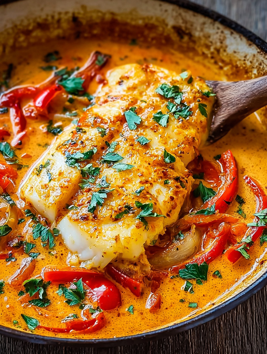 Ein Fischstück in einer Sauce, die aus Paprika und Tomaten hergestellt wurde.