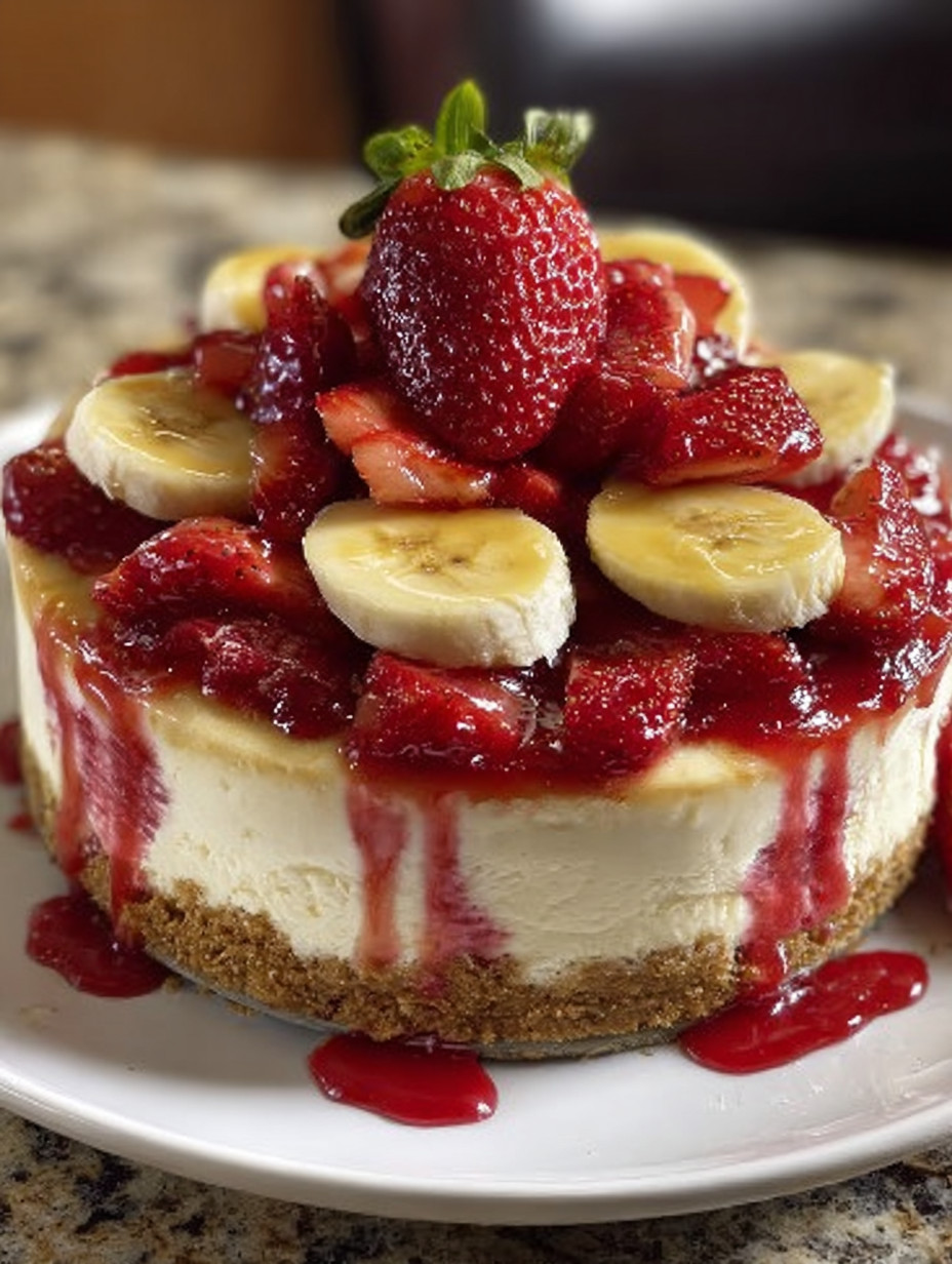 Eine Banana-Strawberry Cheesecake auf einem weißen Teller.