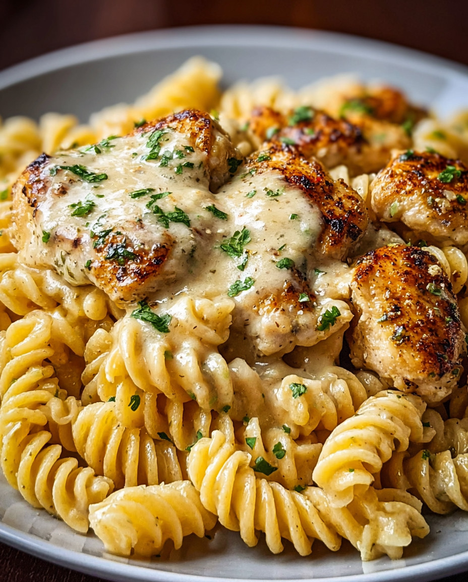 Eine Platte mit Pasta und Zwiebeln, die mit einer cremigen Garlic Parmesan Chicken und Cheesy Twisted Pasta garniert sind.