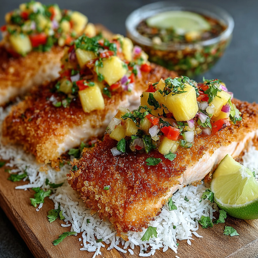 Ein Salmonfilet mit Pineapple Salsa auf einem Teller.