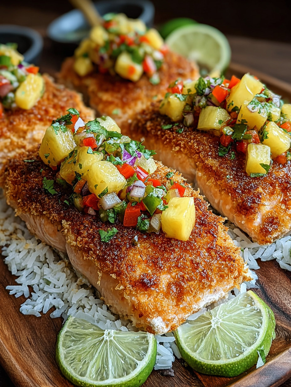 Coconut Crusted Salmon with Pineapple Salsa: Cooking Methods, Serving Suggestions, and Nutritional Insights.