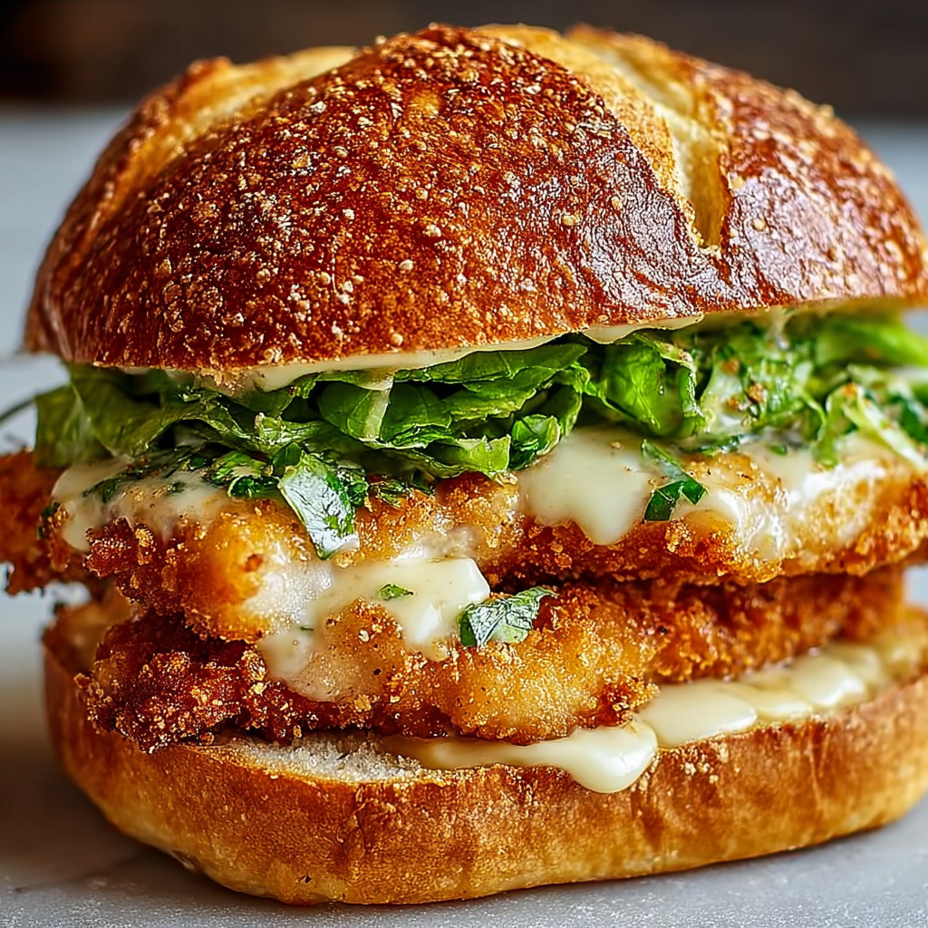 Ein Crispy Chicken Caesar Sandwich auf einem Brot.