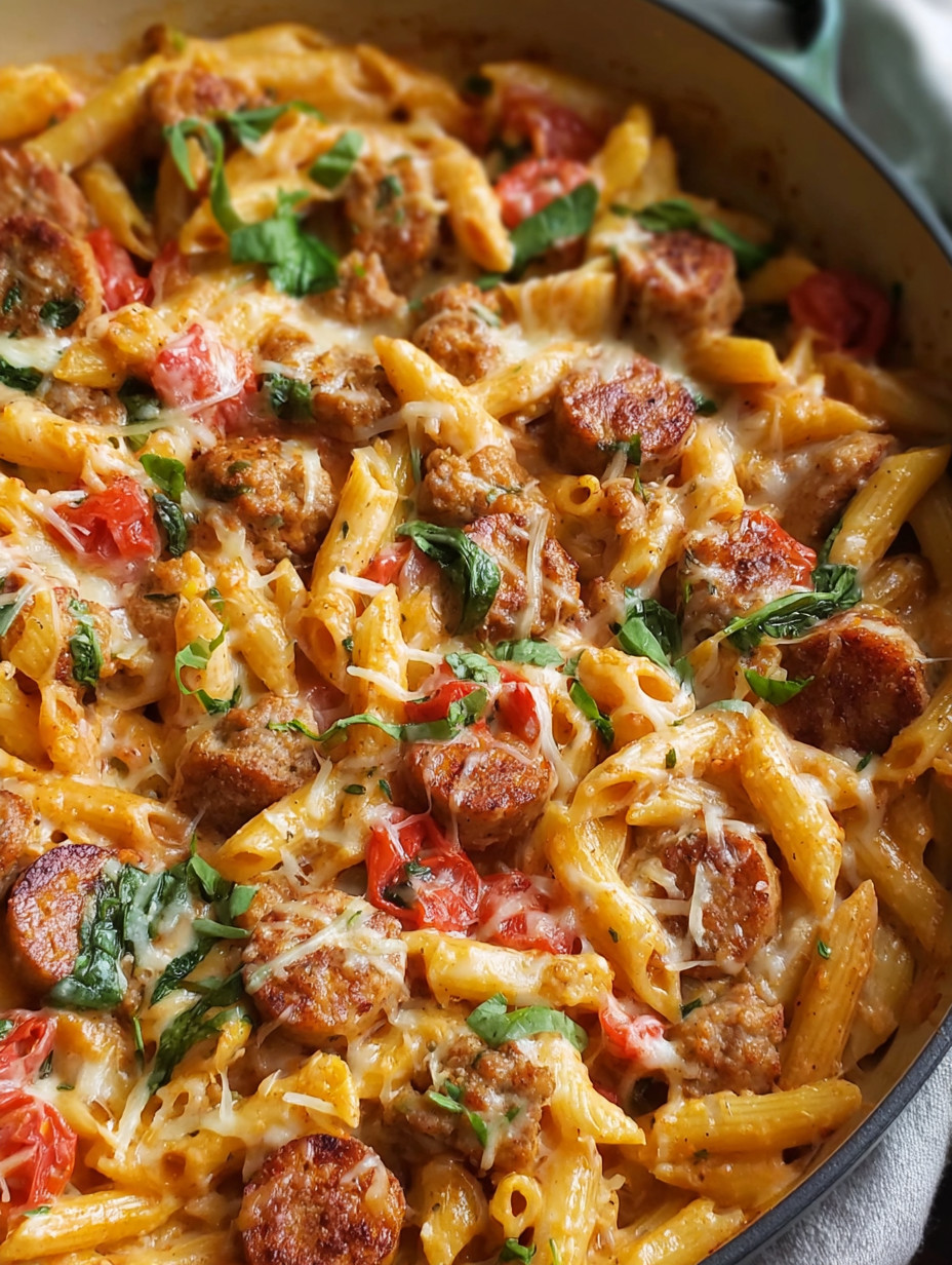 Ein Bild von einer Pasta-Gerichte, die mit Sausage und Käse zubereitet wurde. Es enthält auch Tomaten und Spinat.