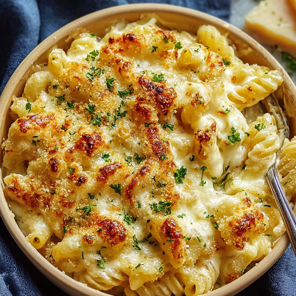 Ein BOWL mit Pasta, die mit Parmesan und Knoblauch garniert ist.