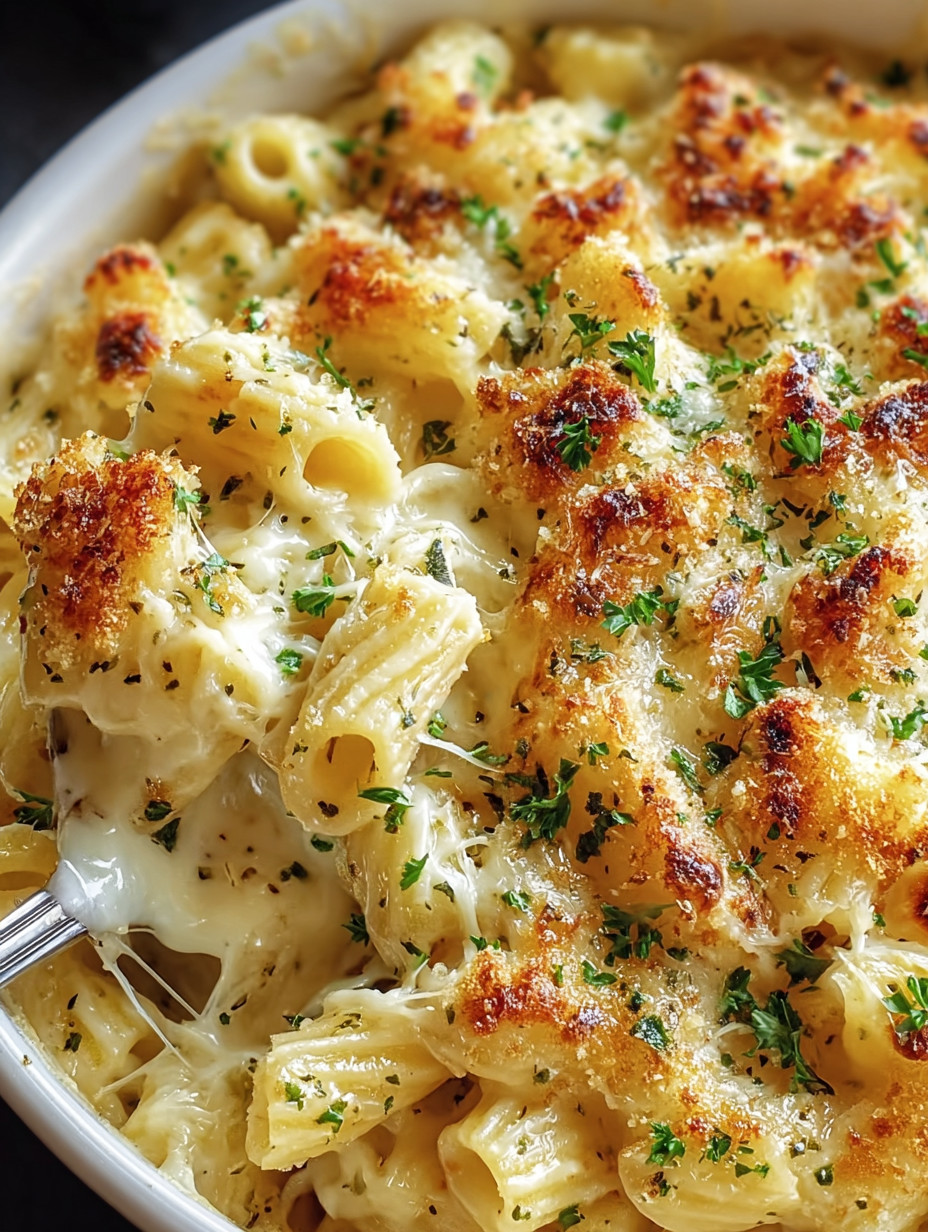 Eine Schüssel mit Pasta, die mit Parmesan und Knoblauch garniert ist.