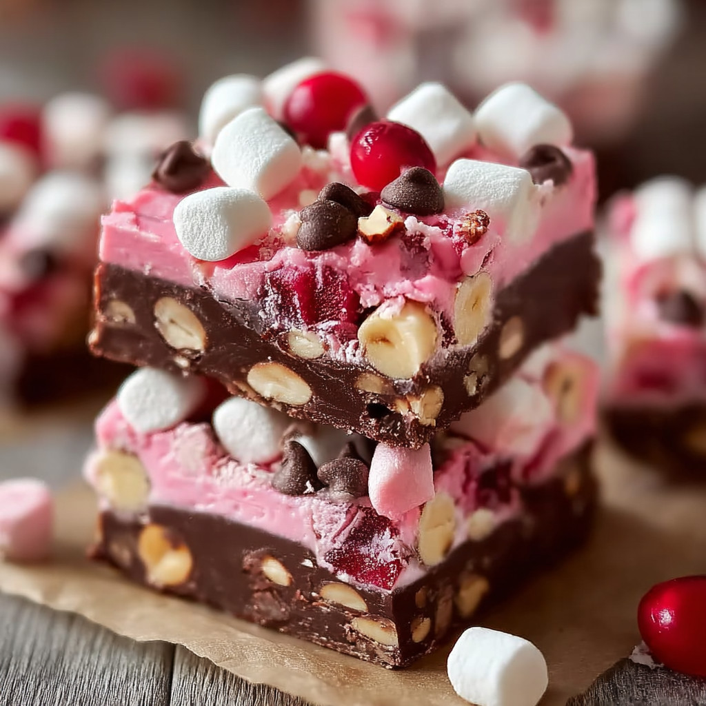 Eine Schicht aus Marshmallows, Cherries und Fudge auf einem Block.