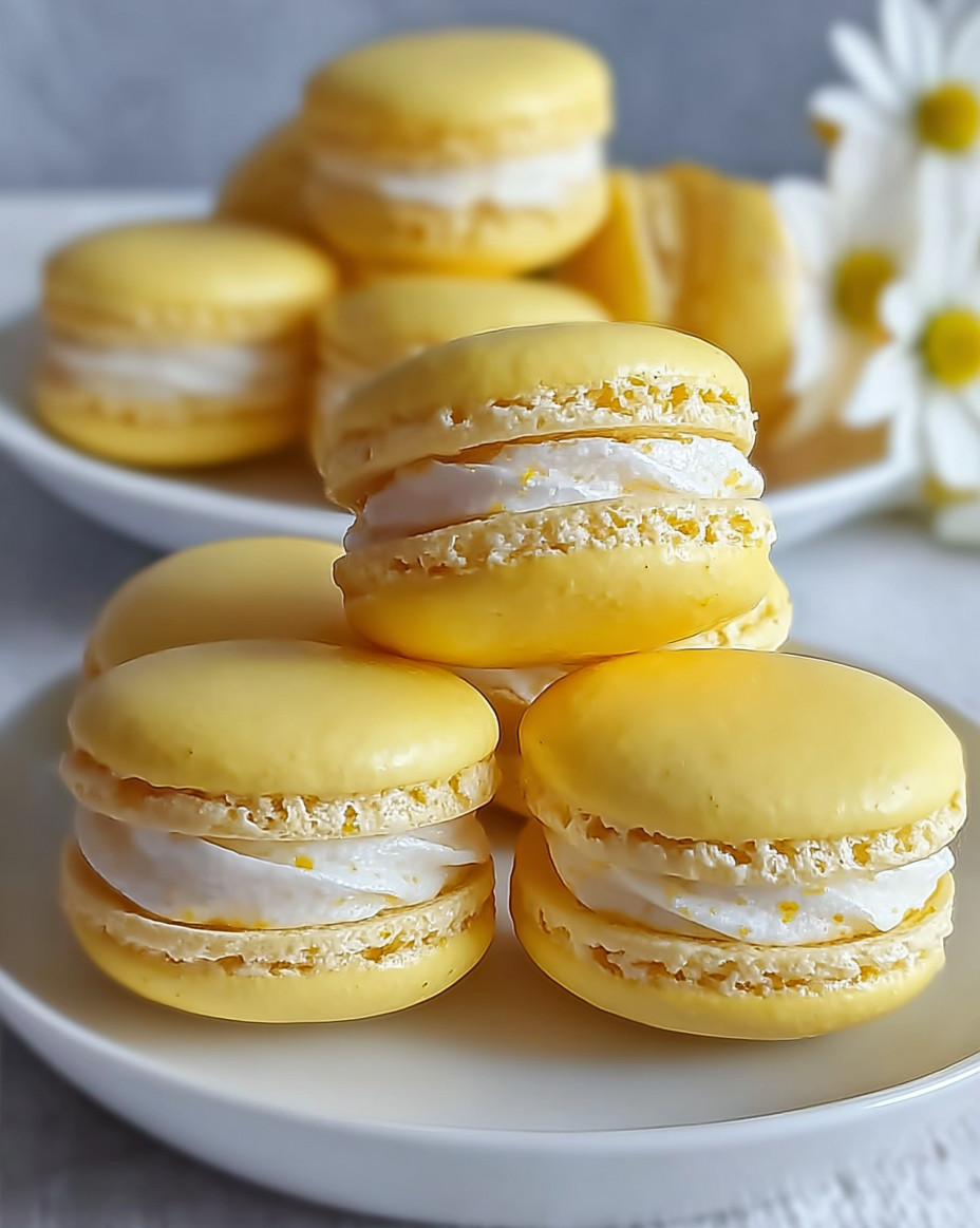 Eine Platte mit sechs Macarons, die in verschiedenen Farben und Schattierungen vorliegen.