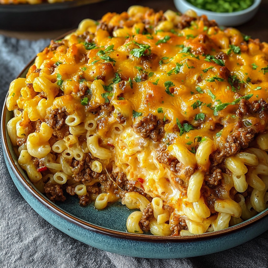 Ein großes, leckeres Beef Macaroni Bake auf einem Teller.