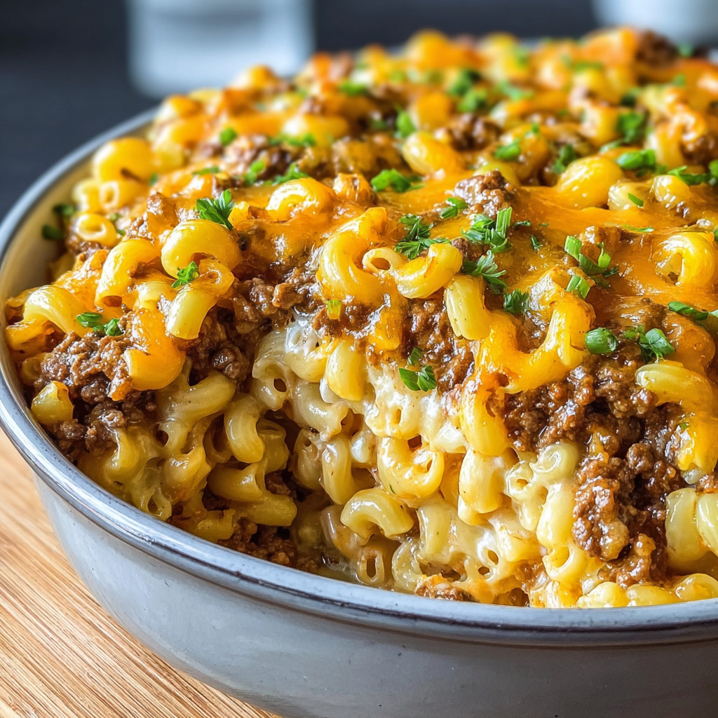 Ein großes, fettiges Beef Macaroni Bake in einem Silber-Bowl.
