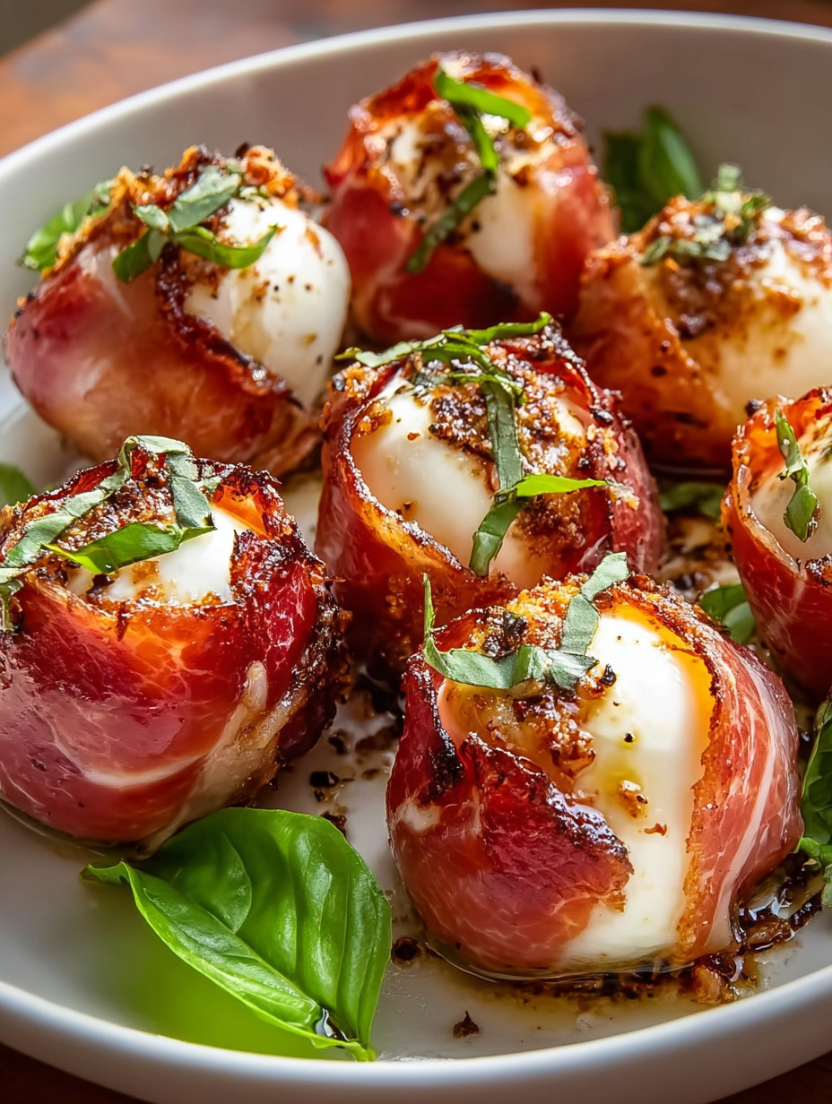 Eine Platte mit Beef Prosciutto Wrapped Mozzarella Bites: Savory Appetizer!