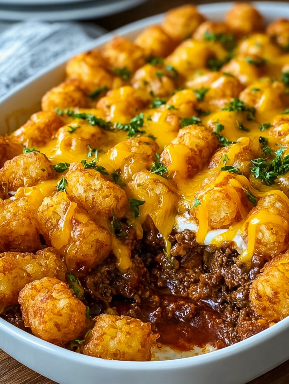 Ein großes, leckeres Tater Tot Casserole mit Rindfleisch, Käse und Tomaten.