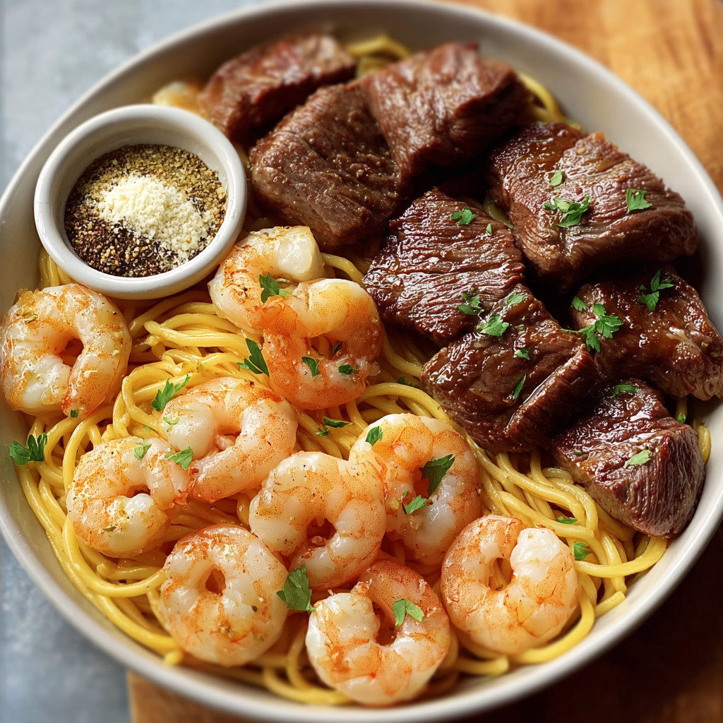 Ein weißer Teller mit einer Mischung aus Shrimp, Rindfleisch, Spaghetti und Garlic Butter.