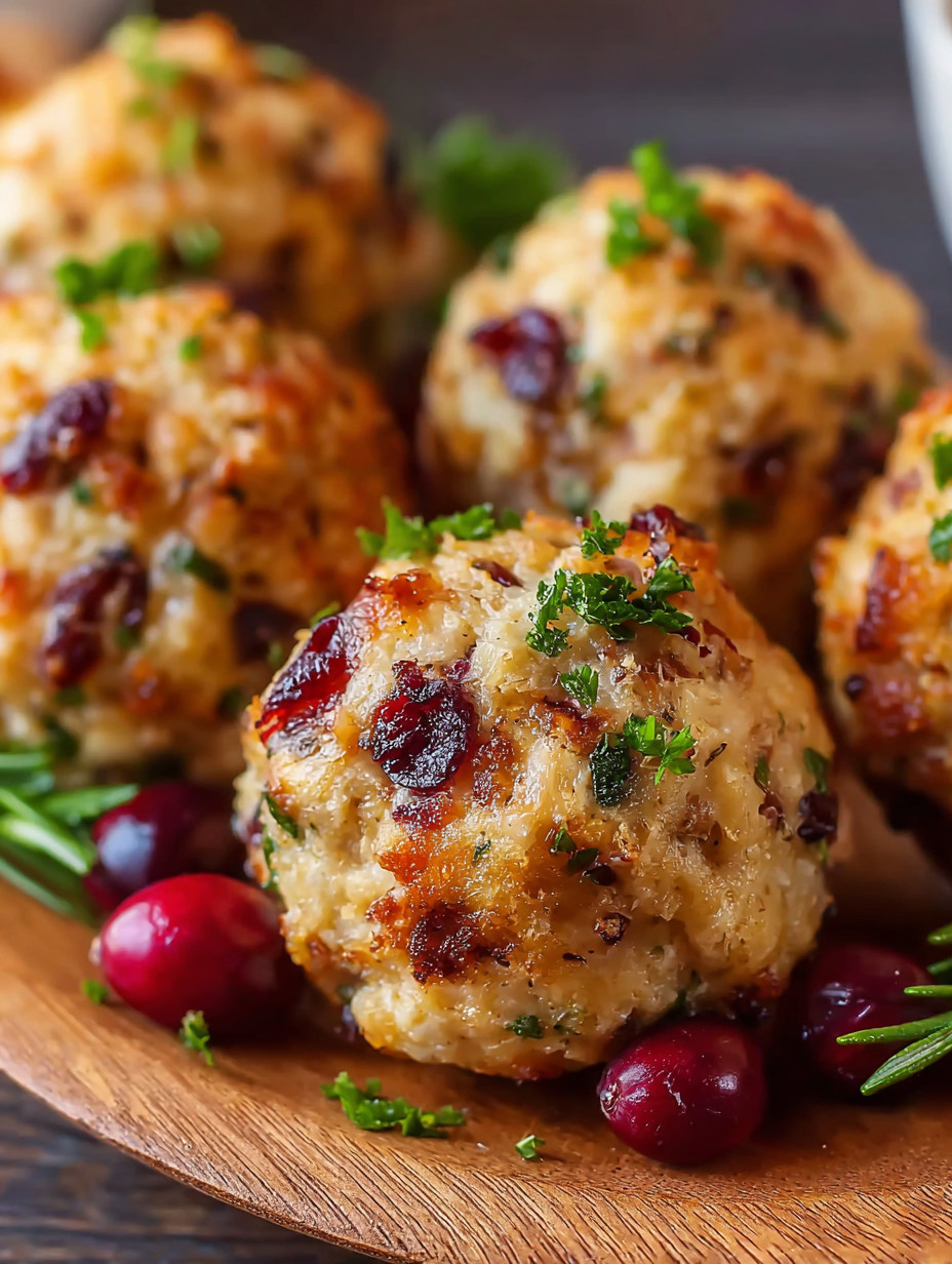 Ein Holzplatscher mit sechs Cranberry-Stuffing-Ballen, die in verschiedenen Größen und Formen vorliegen.