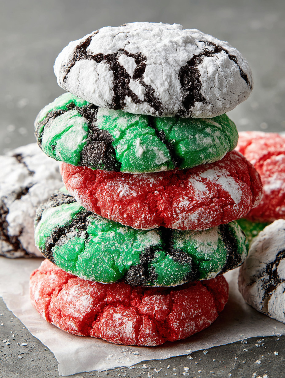 Eine Schicht aus Kwanzaa Crinkle Cookies, die in verschiedenen Farben wie Rot, Grün und Blau gemischt sind.