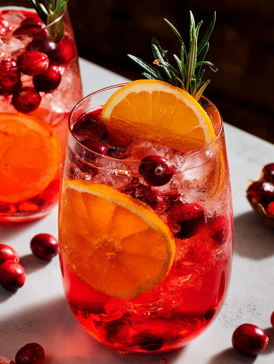 Ein Glas Cranberry-Aperol Spritz mit Zitrusfrüchten und Beeren.