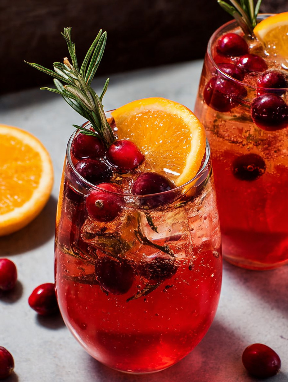 Ein Glas Cranberry-Aperol Spritz mit einer Zitrone darin.