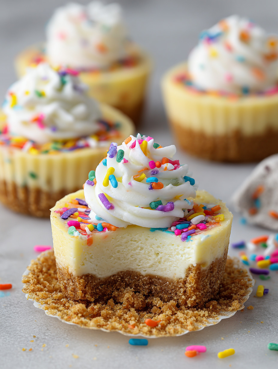 Ein kleiner, farbenfroher Birthday-Käsekuchen mit einer Schaumkugel auf dem Deckel.