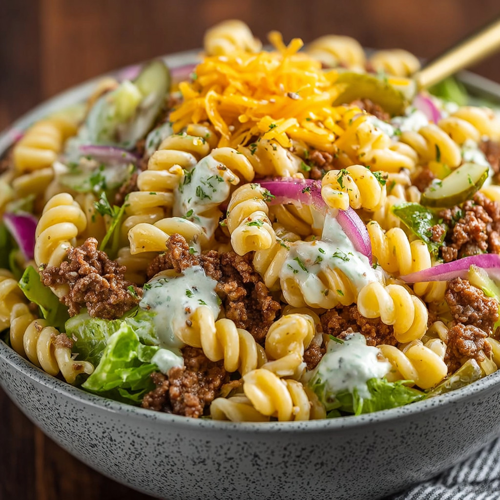 Ein großes, fülliges Pasta-Salat-Gericht, das mit Burger-Liebhabern in Verbindung gebracht wird.
