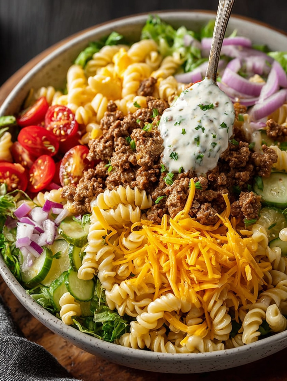 Ein großes, leckeres Pasta Salat mit vielen Zutaten wie Tomaten, Zwiebeln, Käse, Onion, Rinderfleisch, Pasta und Mayonnaise.