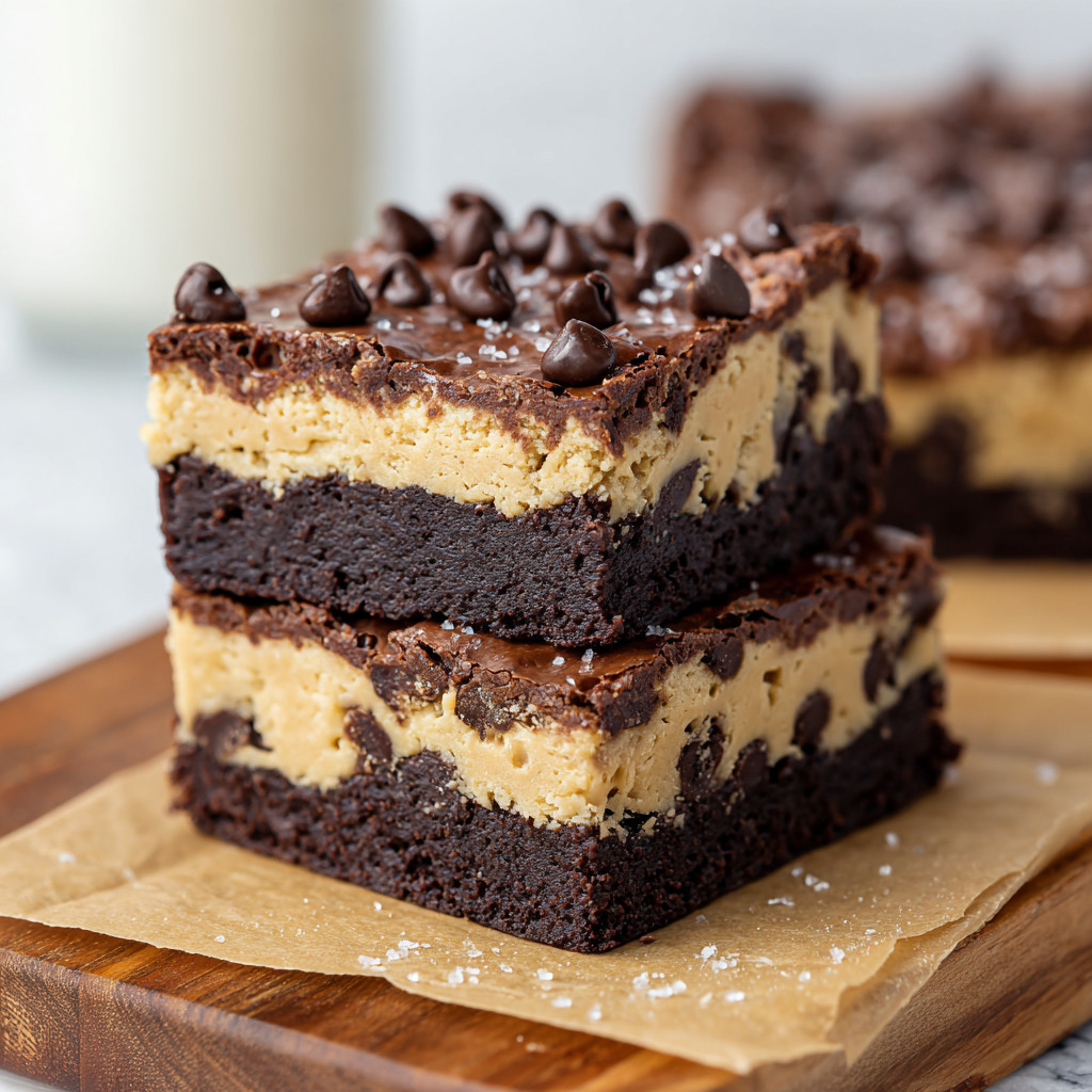 Zwei Stücke von Cookie Dough Brownies auf einem Brett.
