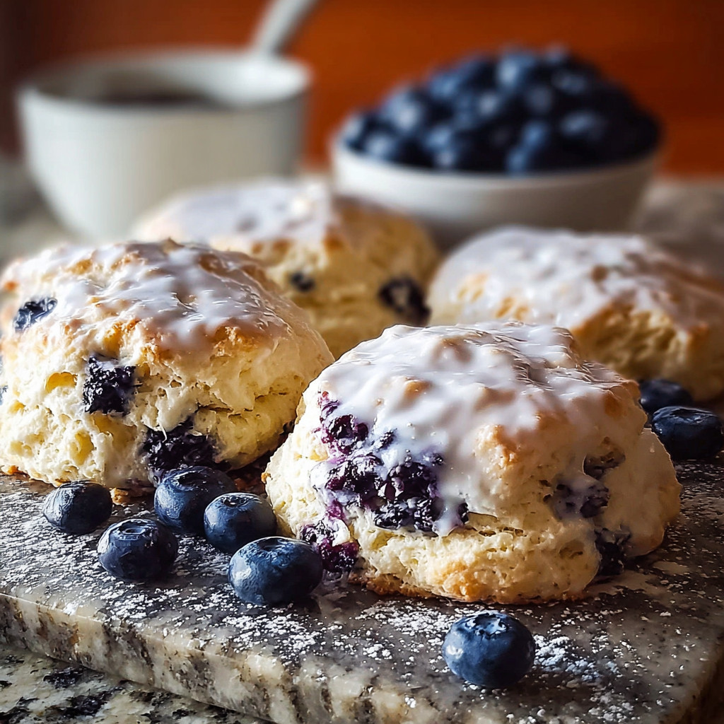 Ein Teller mit Blueberry Biscuits, die mit Sahne und Zucker garniert sind.