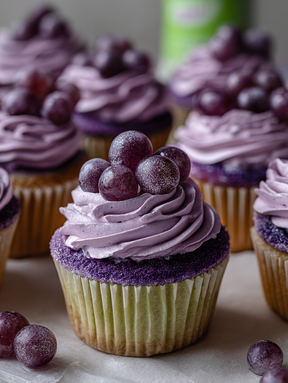 Purpurfarbene Cupcakes mit Grape-Soda-Topping.