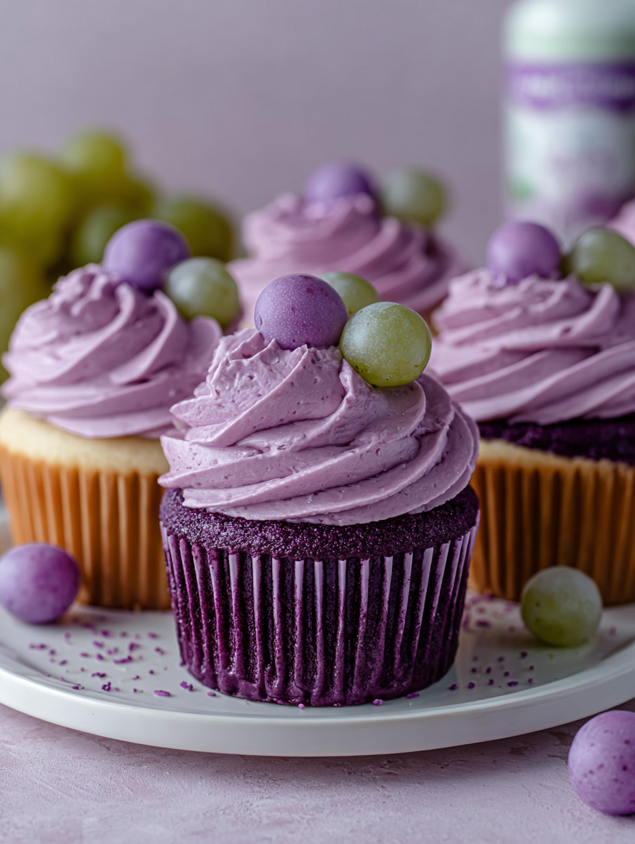 Zwei Cupcakes mit Purpur-Soda-Füllung und Grapen-Topping auf einem weißen Plate.