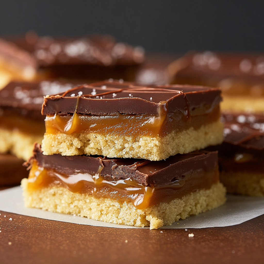 Ein Stück Millionaire Shortbread mit Schokoladensoße.