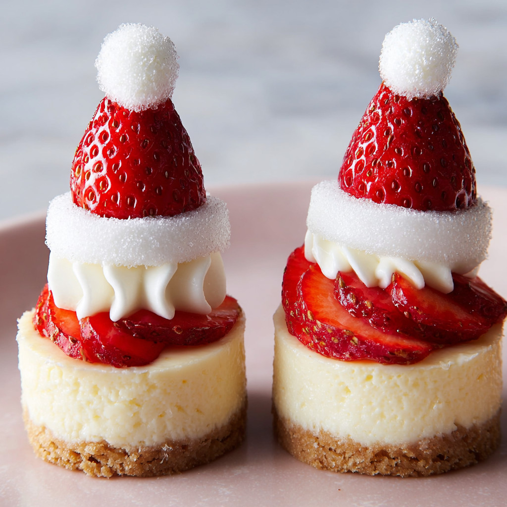 Zwei kleine Cheesecake Bitten mit Strawberries und Santa Hüten.