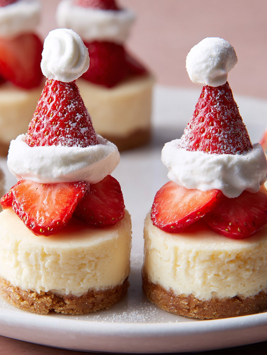 Zwei Cheesecake Bitten mit Strawberries und Santa Hut.