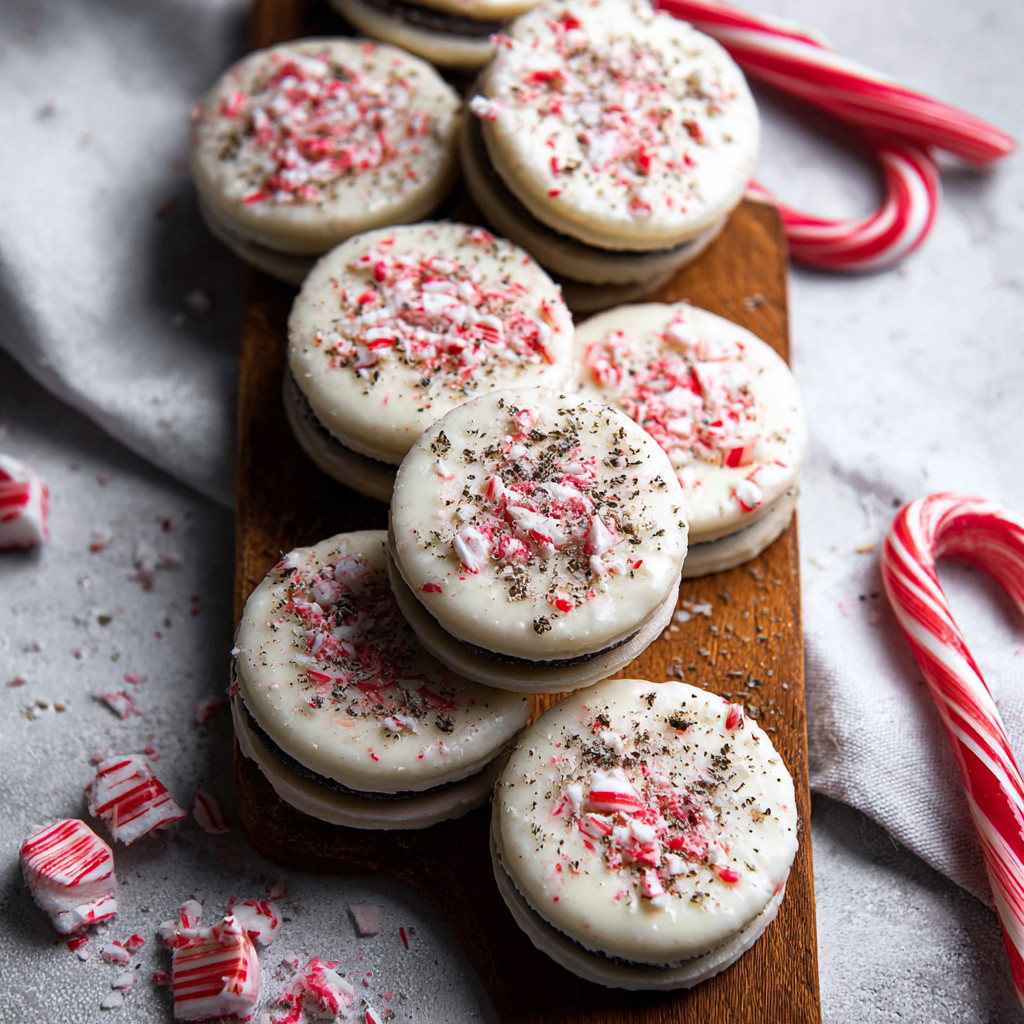 Peppermint Bark Oreos auf einem Brett.
