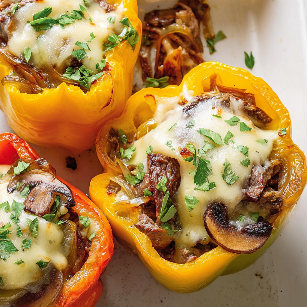 Ein Bild von vier roten Paprika-Streifen, die mit Käse und Steak gefüllt sind.