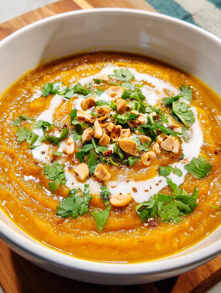 Ein weißer Teller mit Curried Butternut Squash Soup, der mit grünen Zwiebeln und Walnüssen garniert ist.