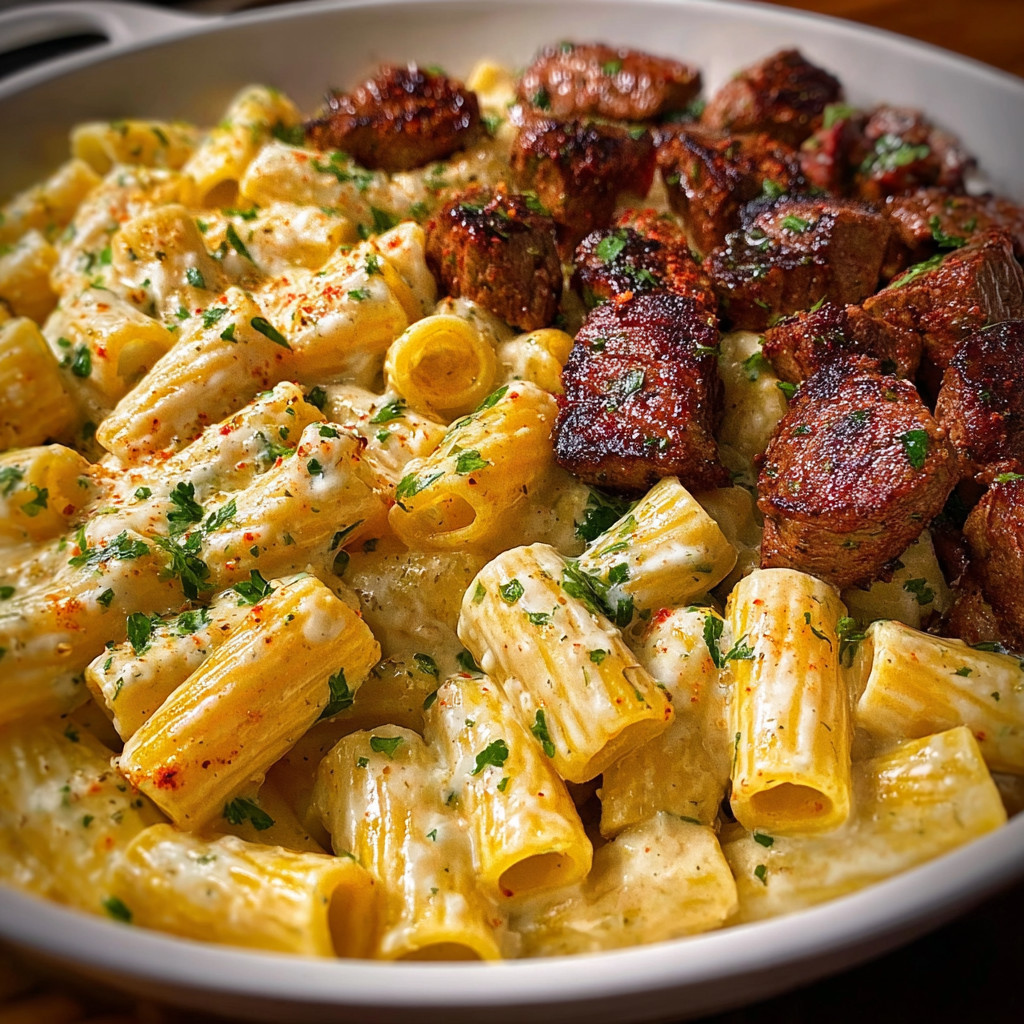 Ein Bierglas mit Rigatoni in Garlic Butter Parmesan Cream Sauce und Cajun Steak Tips.