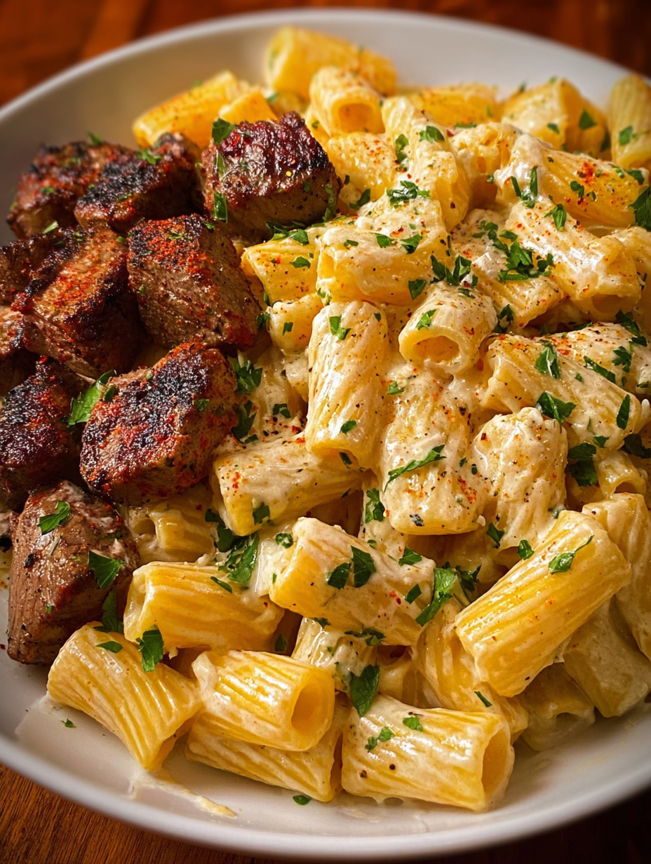 Rigatoni in Garlic Butter Parmesan Cream Sauce mit Cajun Steak Tips.