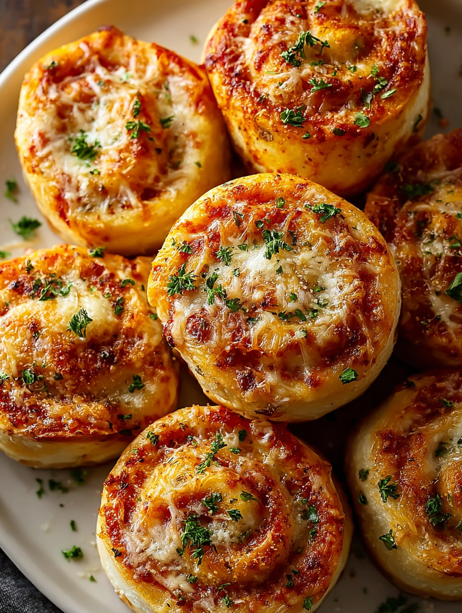 Ein Plate mit sechs Garlic Parmesan Pizza Rolls, die in verschiedenen Stellungen auf dem Teller liegen.