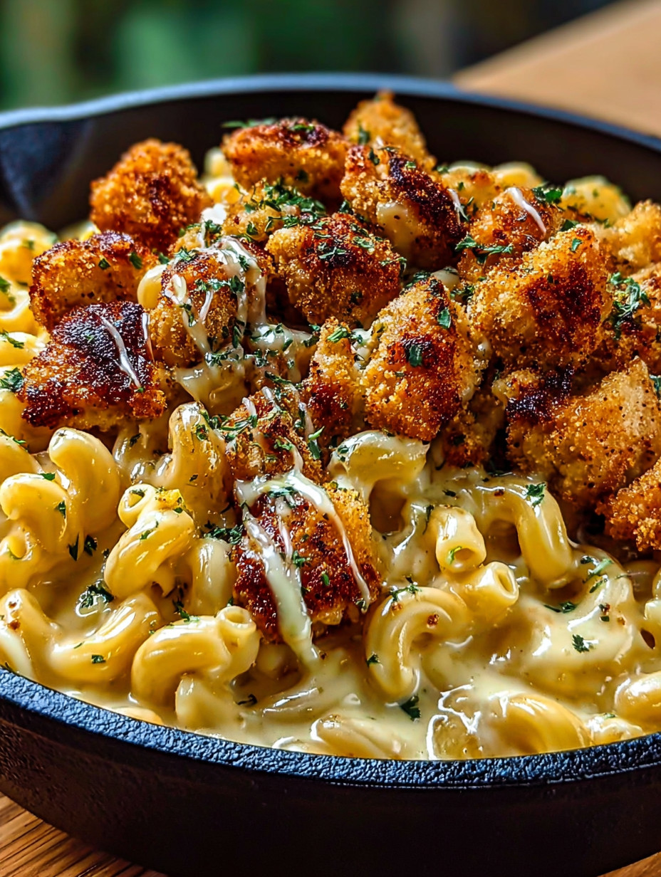 Ein Schälchen mit Honey Pepper Chicken Mac and Cheese Delight.