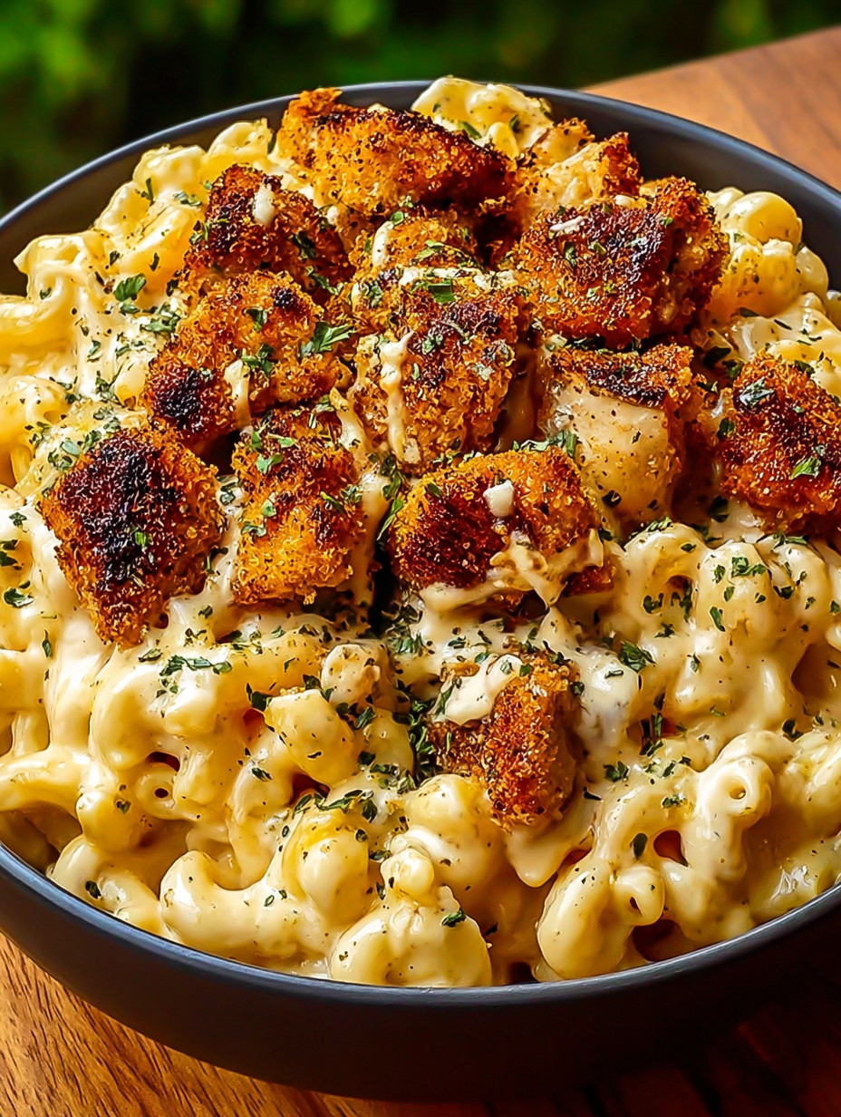 Ein Schälchen mit Honey Pepper Chicken Mac and Cheese Delight.