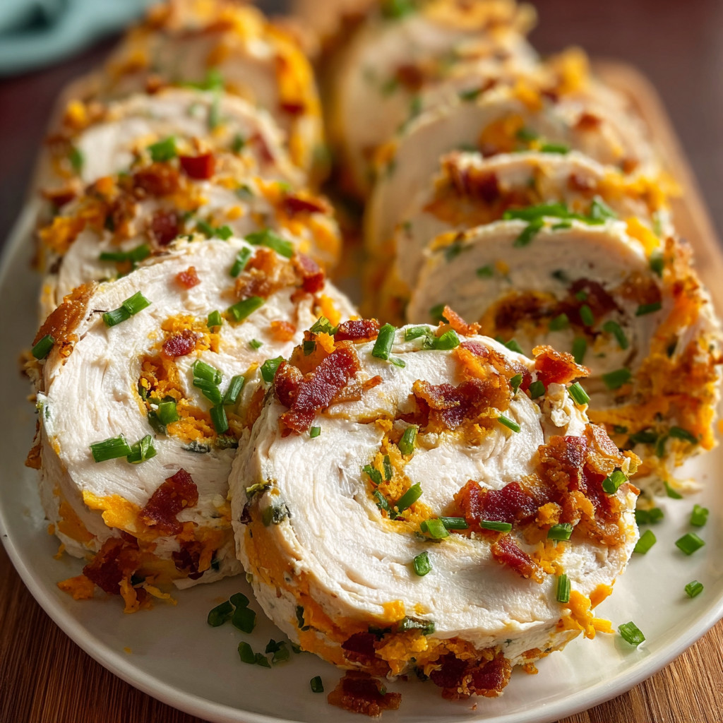 Ein weißer Teller mit sechs "Crack Chicken Pinwheels" auf einem Tisch.