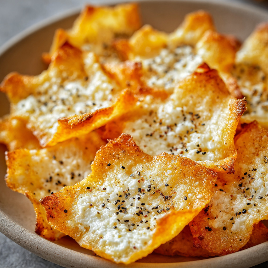 Ein Becher mit Cottage Cheese Chips, die in der Regel aus Käse und Puder zubereitet werden.