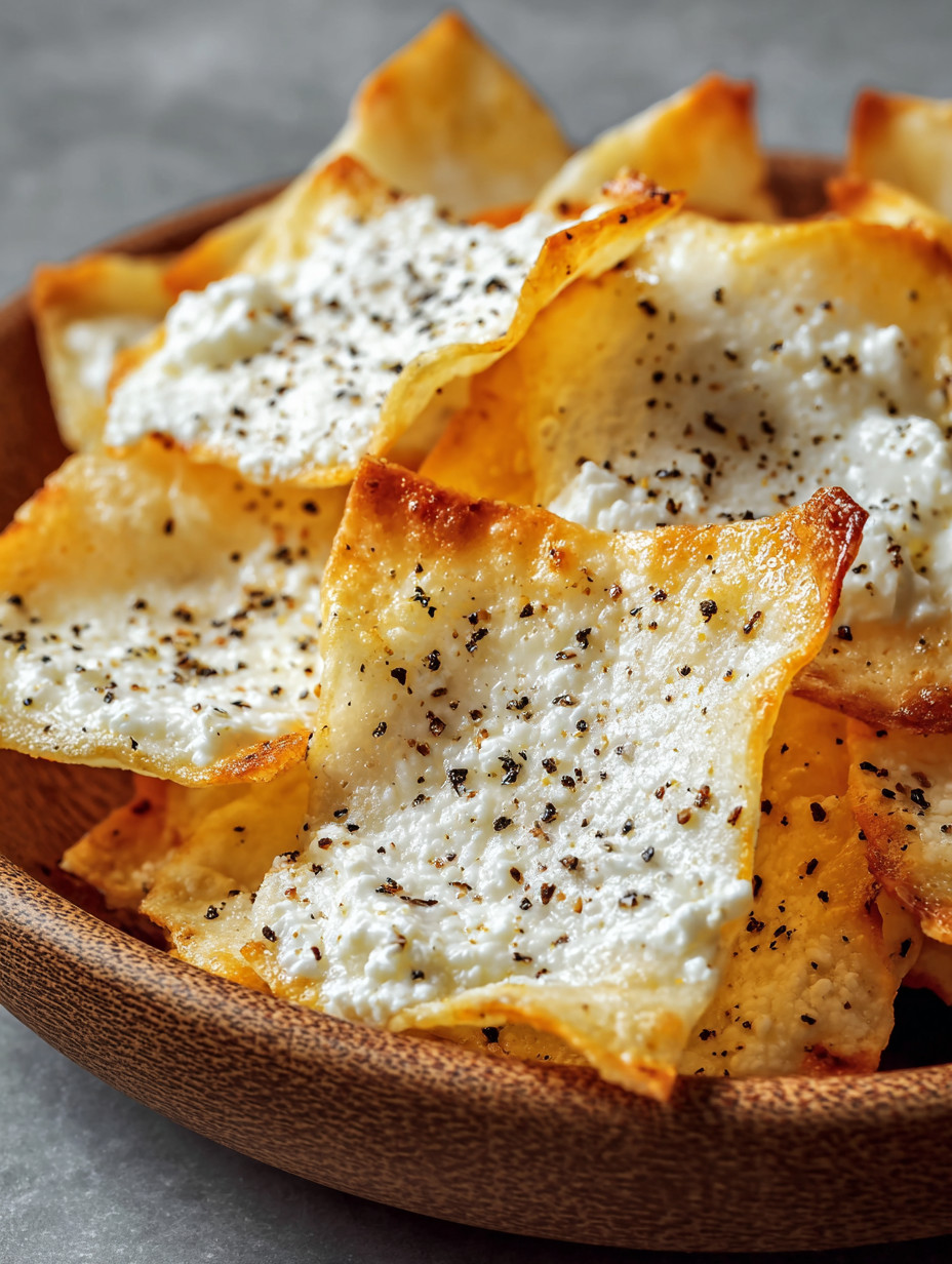 Ein Holzgefäß mit Cottage Cheese Chips.
