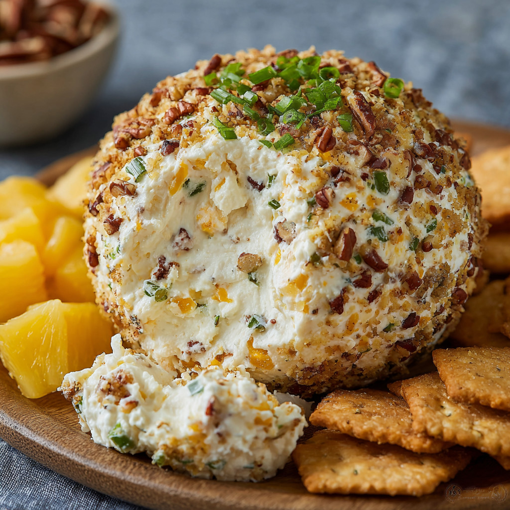 Ein Pineapple Cheese Ball auf einem Brett.
