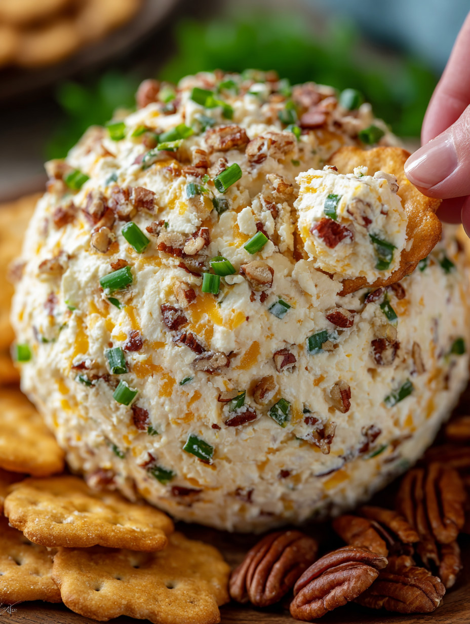 Ein Pineapple Cheese Ball auf einem Teller.
