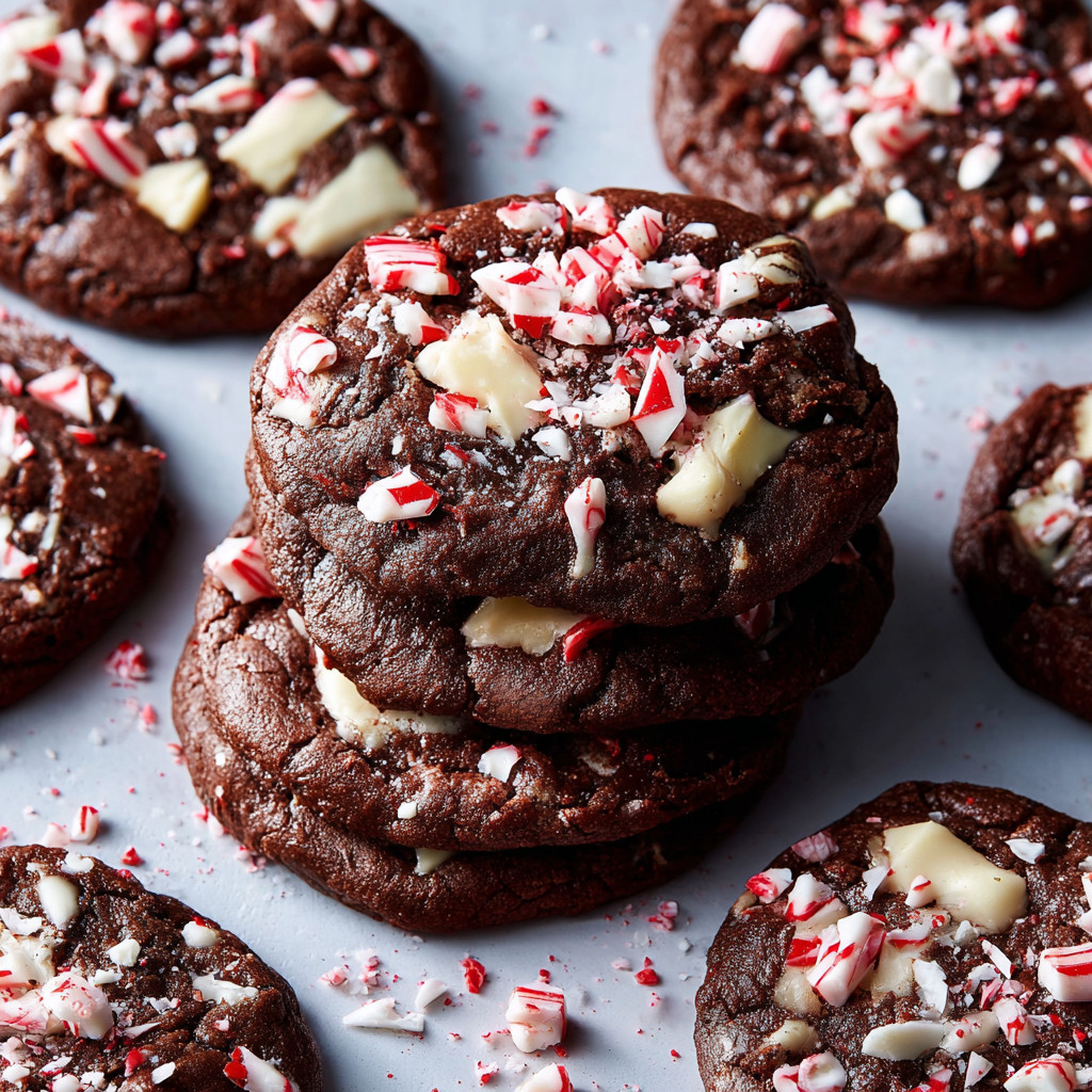Eine Schicht von Peppermint Bark Cookies, die mit Schokoladenschaumküsse und Zuckerstreusel garniert sind.